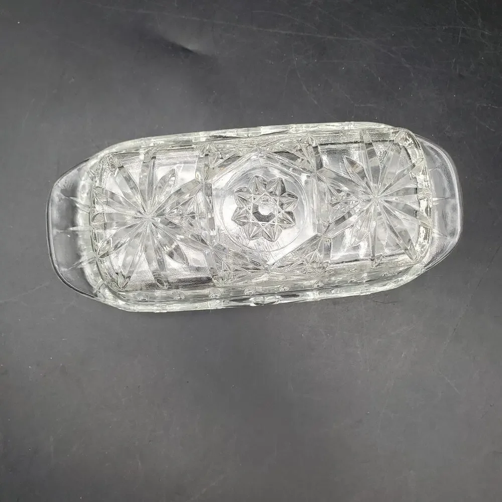 Vintage Cut Pressed Glass Covered Butter Dish Starburst Diamond Pattern